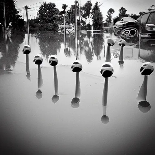 Prompt: “ gray aliens in a flooded 7 eleven parking lot, hyperdetailed ”