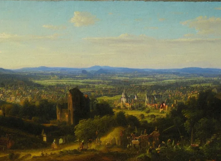 Image similar to nurburg and the surrounding area, germany in the style of hudson river school of art, oil on canvas