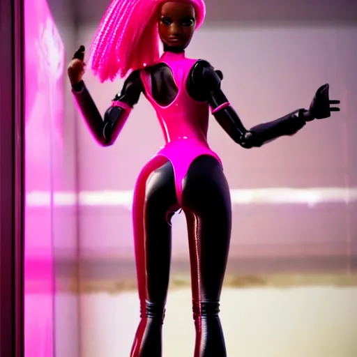 Prompt: cinematic, full shot, realistic cyberpunk african barbie, short pink hair brown skin, barbie cyborg, perfect face, perfect body, plastic skin, mattel, red latex catsuit with led, high boots, ghost in the shell, hajime sorayama, h 7 6 8