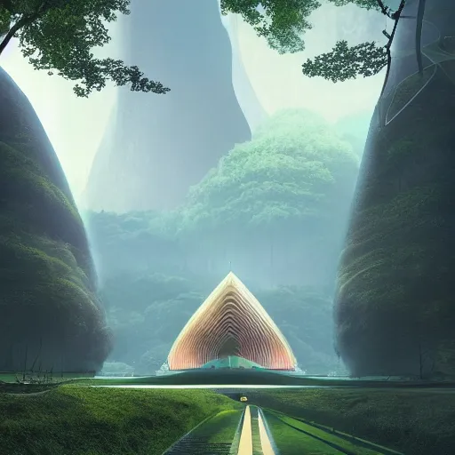 Image similar to futuristic temple between green hills with big trees, monks, shooting stars, dramatic lighting, artstation, matte painting, raphael lacoste, simon stalenhag, frank lloyd wright, zaha hadid