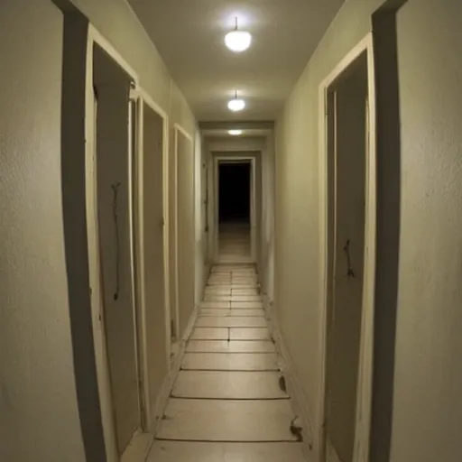Image similar to very long hallway in a house, very creepy, dim lights, door at the end