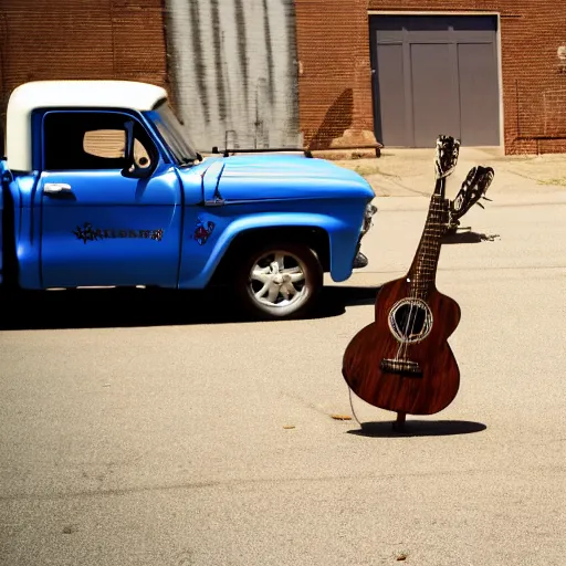 Image similar to A folkpunk brown hound dog playing the guitar in front of a pickup truck