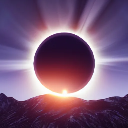 Image similar to solar eclipse above mountins, highly detailed, photorealistic portrait, bright studio setting, studio lighting, crisp quality and light reflections, unreal engine 5 quality render