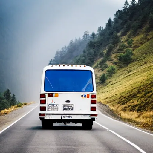 Image similar to white - blue bus on misty highway scene, the sun shining through the mountain peaks