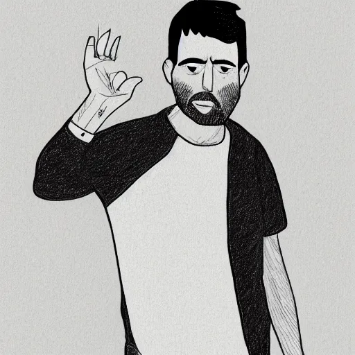 Image similar to a drawing of a man with black hair and beard, wearing a black jacket, white shirt and blue jeans, holding his hands up to his face, illustration, realistic, 8 k, atmospheric, moody, in the style of diego koi