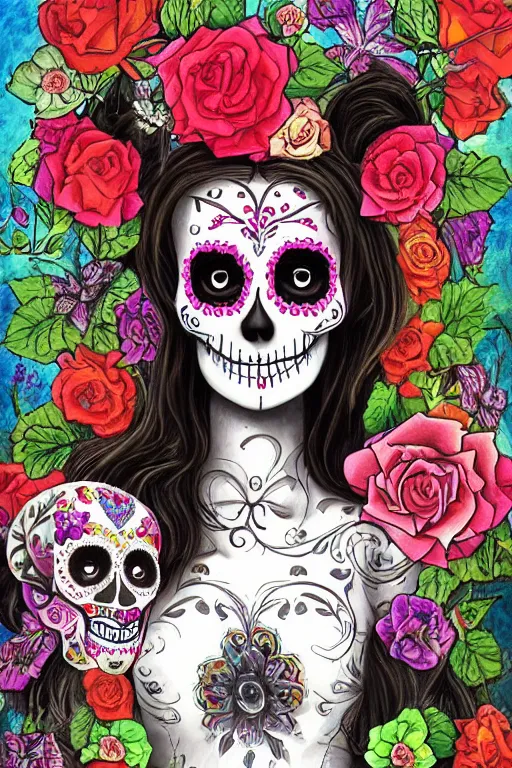 Image similar to Illustration of a sugar skull day of the dead girl, art by tom chambers