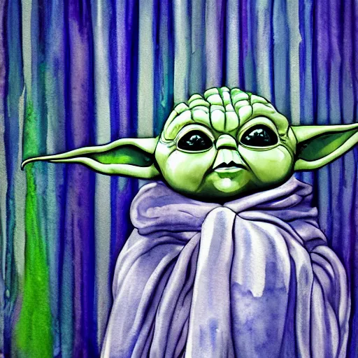 Prompt: shower curtain product catalog. on the curtain is a watercolor painting with ink under drawing of a butterfly flying over baby yoda. wide - angle product photography of a shower curtain, product lighting. 4 k, highly detailed. saturated.