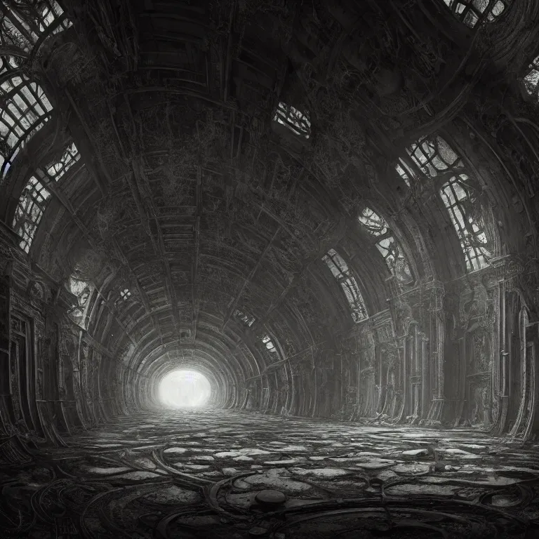 Prompt: symmetrical tunnel inside abandoned ancient alien spaceship covered with ribbed spinal tubes, surreal abandoned buildings, dream-like heavy atmosphere, baroque painting, beautiful detailed intricate insanely detailed octane render trending on Artstation, 8K artistic photography, photorealistic, volumetric cinematic light, chiaroscuro, Raphael, Caravaggio, Beksinski, Giger