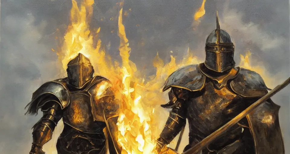 Prompt: An oil painting of a knight in dark metal armor wielding a flaming sword