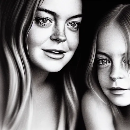 Image similar to intricate beautiful hyperreal portrait of a young lindsay lohan and a young lindsay lohan, smiling softly, casual clothes, relaxing on the couch, home interior, golden hour, close up shot, 8 k, art by irakli nadar, hyperrealism, hyperdetailed, ultra realistic