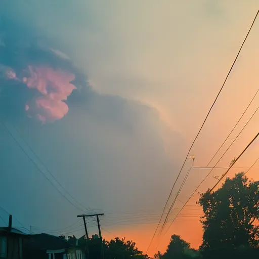 Prompt: low angle, pink golden clouds, blue sky, golden hour, telephone lines, thunder storm, lightening, detailed, photograph, award wining, trending on artstation, 4k, unreal engine 5, octane render, neon highlights