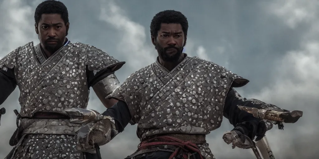 Image similar to a film still of a black man starring in a japanese blockbuster film as san ancient samurai, shallow depth of field, cinematic, award winning cgi, vfx, film still