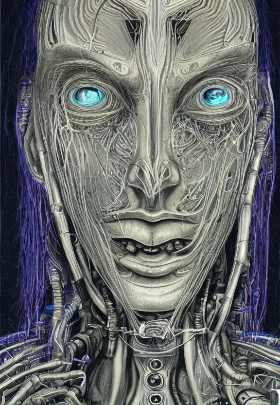 Image similar to perfectly centered portrait, front view of a beautiful biomechanical cyberpunk alien android robot buddha, female, flowing hair, intense stare, sarcastic smile, symmetrical, concept art, intricate detail, volumetric shadows and lighting, realistic oil painting by alex grey and h. r giger,