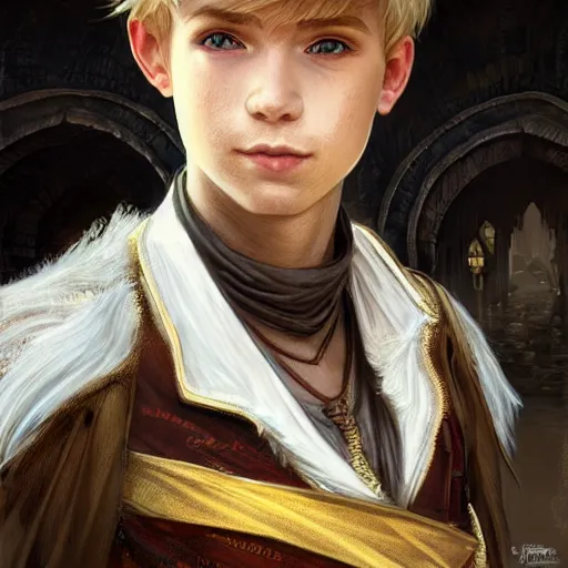 Prompt: portrait of a boy wearing fantasy thief clothing in the slums of a fantasy city, blonde hair, d & d, fantasy, joyful smirk, intricate, elegant, highly detailed, digital painting, artstation, concept art, matte, sharp focus, illustration, art by artgerm and greg rutkowski and alphonse mucha