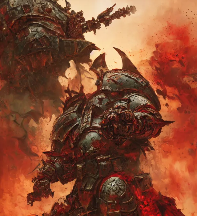 Image similar to battle scene portrait of armored heroes warhammer 4 0 k fight war fighting nurgle warrior, cesede, the chaos god of plague and decay, red chaos knight with cathedrals and columns, pestilence, champion, emperor, abbeys, elegant concept art by ruan jia