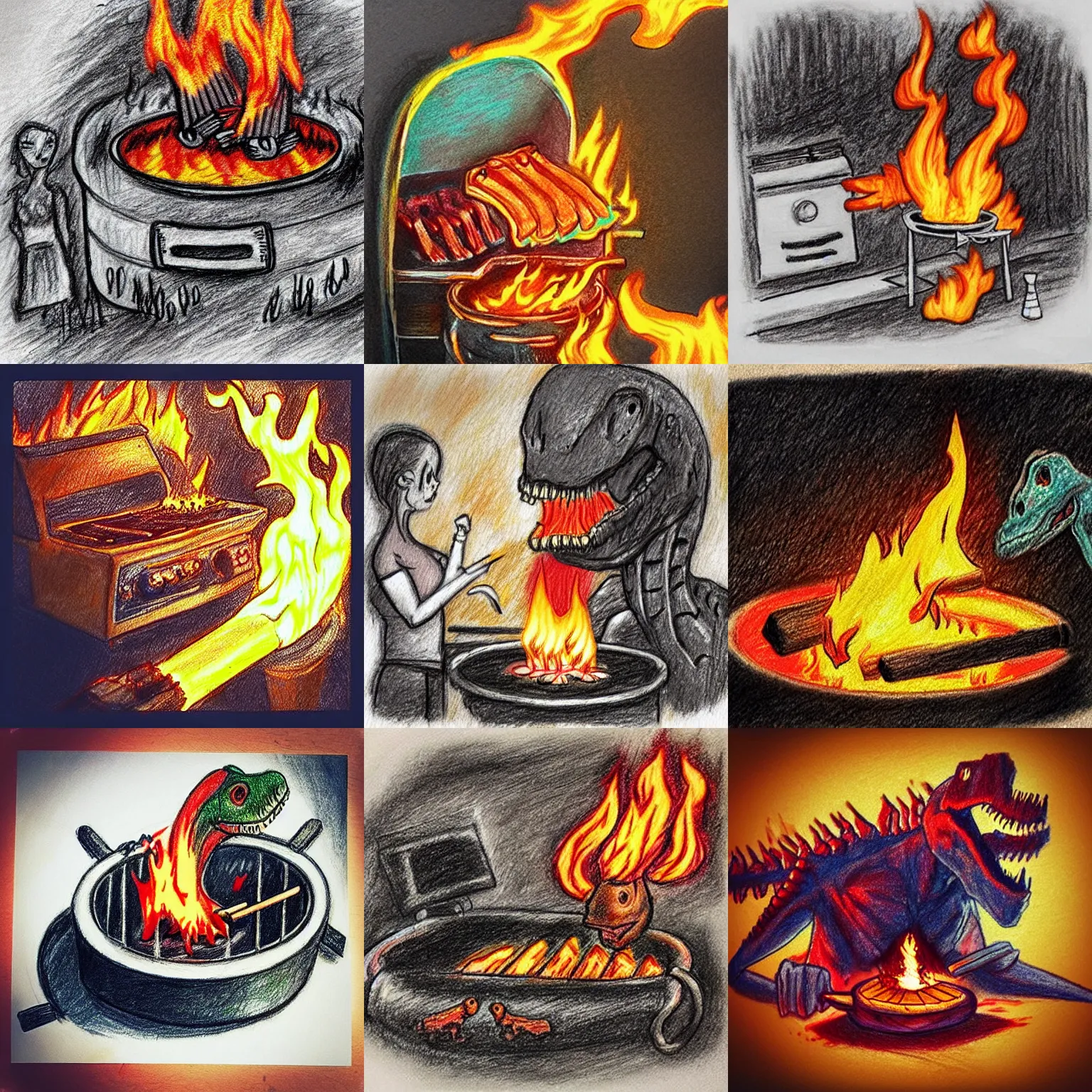 Prompt: “crayon drawing of a grill on fire with ribs and a humanoid dinosaur looking”