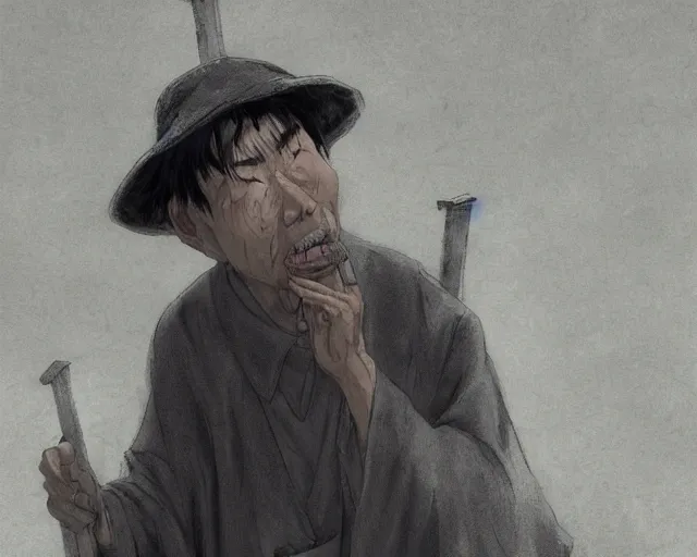 Image similar to a 50 year old brunnete chinese man leaning on the ground at a funeral in a cemetery next to the grim reaper, horror scene, dramatic, anime art, Greg Rutkowski, studio ghibli, dramatic lighting