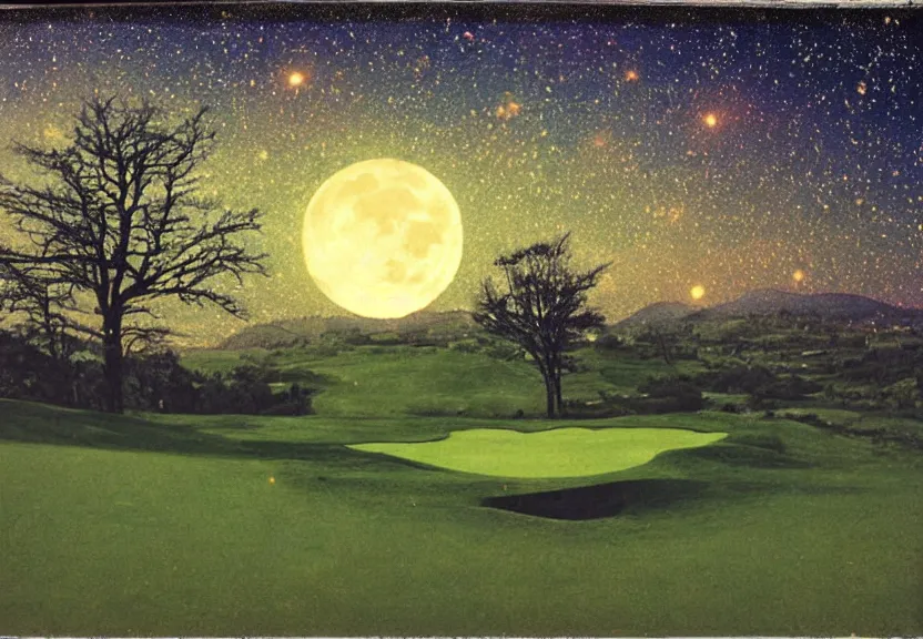 Image similar to eerie moonlight, stone walls, birds eye view of a perfect elysian dreamlike green hilly pastoral psychedelic golf course landscape with stone walls under cosmic stars, cherished trees, memory trapped in eternal time, golden hour, dark sky, evening starlight, haunted vintage psychedelic painted polaroid by hiroshi yoshida
