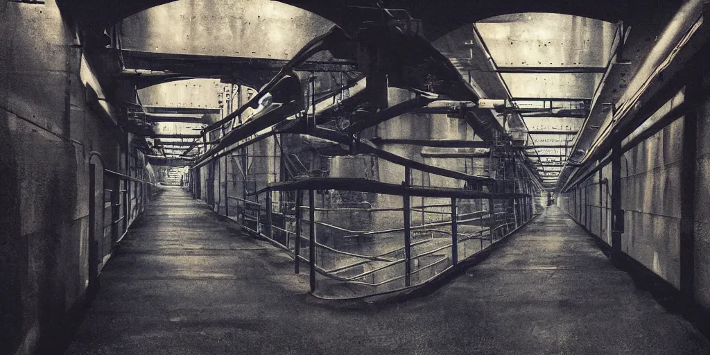 Image similar to faded steel industrial spaceship narrow tunnel catwalk sci - fi, digital paining, moody lighting