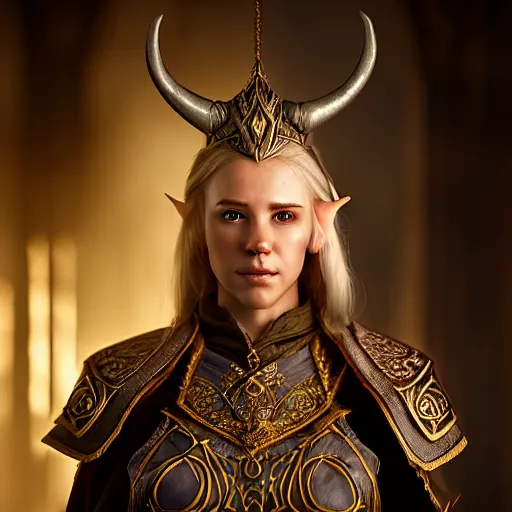 Prompt: the elder scrolls vi, charismatic regal blonde high elf female jarl, portrait, exquisitely designed throne room, atmospheric lighting, painted, intricate, volumetric lighting, beautiful, daytime, slight overcast, sharp focus, deep colours, ultra detailed, by leesha hannigan, ross tran, thierry doizon, kai carpenter, ignacio fernandez rios