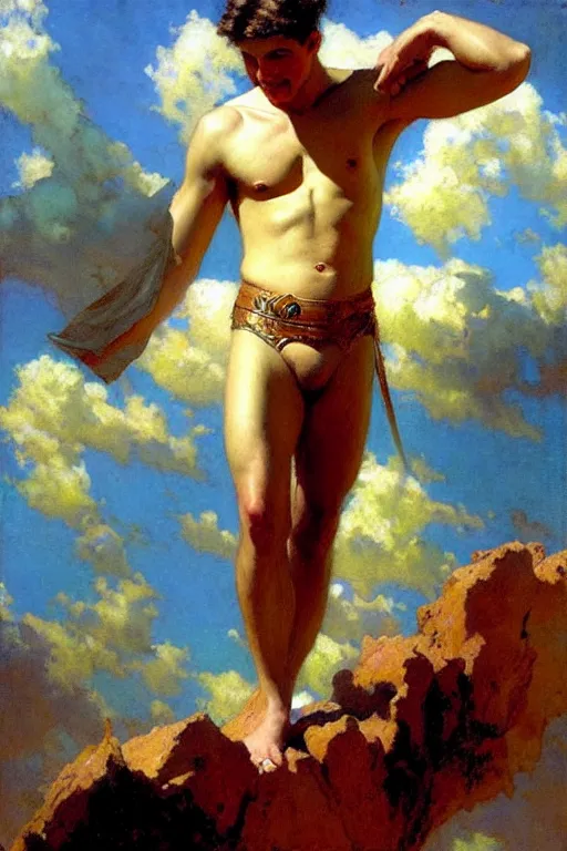 Image similar to attractive male painting sky, painting by gaston bussiere, craig mullins, j. c. leyendecker