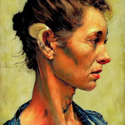 Prompt: Frontal portrait of a biopunk woman. A painting by Norman Rockwell.