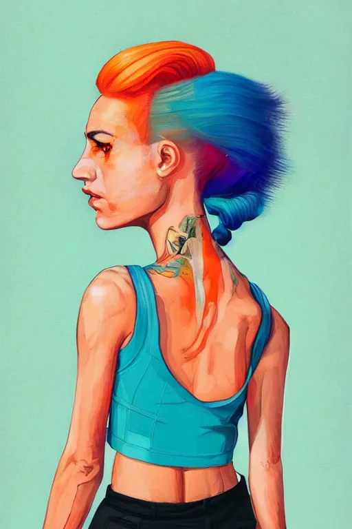 Image similar to a award winning half body portrait of a beautiful caucasian woman in a croptop and cargo pants with ombre orange blue teal hairstyle with head in motion and hair flying by martine johanna and will eisner, outrun, vaporware, digital art, trending on artstation, highly detailed, fine detail, intricate