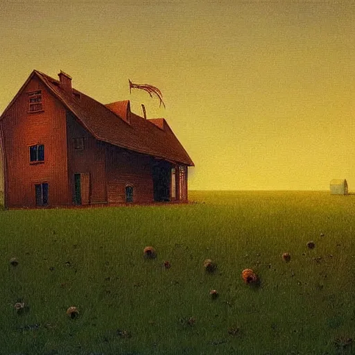 Prompt: An American house on a field with a skinwalker hidden oil painting in style of Zdislaw Beksinski