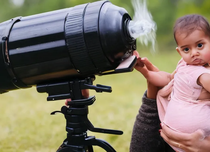 Image similar to photography of Kim Kardashian shooting a baby out of a cannon