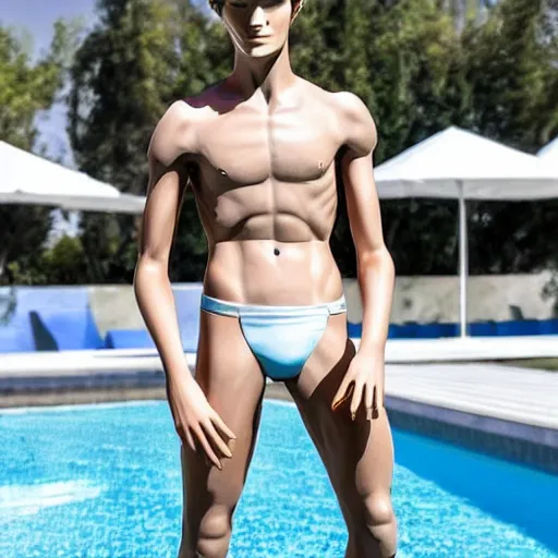 Prompt: a realistic detailed photo of a guy who is an attractive humanoid who is half robot and half humanoid, who is a male android, soccer player martin ødegaard, shiny skin, posing like a statue, blank stare, by the pool, on display, showing off his muscles