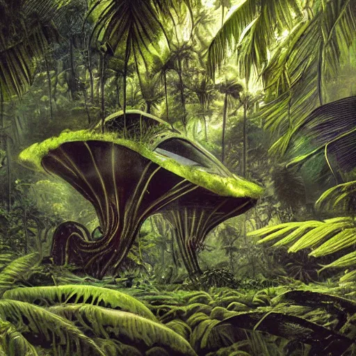 Prompt: alien artifacts in the jungle, lost alien tech, ancient alien tools and houses, tropical forest, moss, glowing alien circles and monuments, alien relic, syd mead, john harris, art station