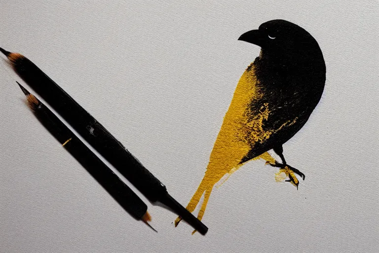 Image similar to beautiful smart crow using a hook, minimalistic golden ink aribrush painting on white background