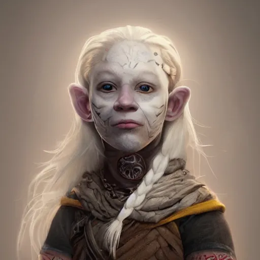 Prompt: realistic portrait of a young albino female halfling with redeyes and a grey!! cloak and geometric facial tattoos!!!!!! and white!!!! braided hair, haunted and sad expression, artstation, cinematic lighting, 8 k