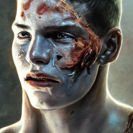 Image similar to portrait painting of young man with severe burn scars on his face and poorly cropped hair with a severe expression wearing tattered light armor, ultra realistic, concept art, intricate details, eerie, highly detailed, photorealistic, octane render, 8 k, unreal engine. art by artgerm and greg rutkowski and charlie bowater and magali villeneuve and alphonse mucha