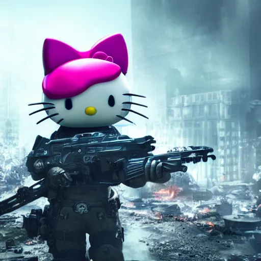 Image similar to Hello Kitty in Gears of War, splash art, movie still, detailed face, cinematic lighting, color, dramatic, octane render, long lens, shallow depth of field, bokeh, anamorphic lens flare, 8k, hyper detailed, 35mm film grain