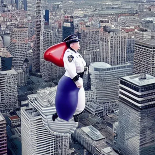 Prompt: Photo of a police officer inflated like a blimp. She's huge and round and floating over a cityscape.