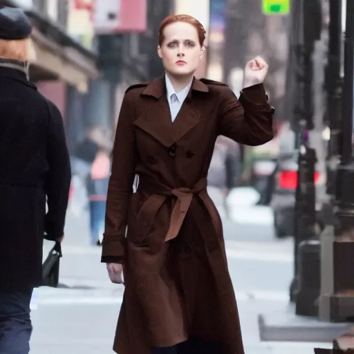 Image similar to 4 k award - winning still of evan rachel wood with long dark brown hair with bangs wearing a trench coat walking in new york city