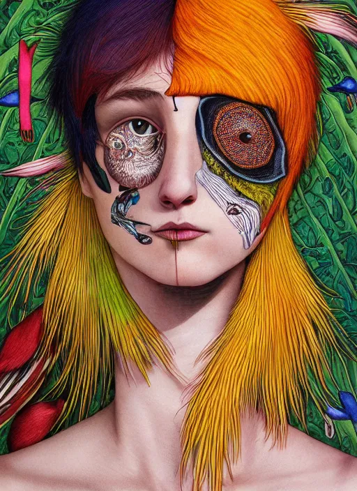 Image similar to an awkward punk woman with a crooked nose, cat eye, botanical, birds of paradise, portrait face, colorful, kupka, intricate, miles johnston, kuroda seiki, ozabu, godward, painterly, yoshitaka amano, moebius, miles johnston, louise zhang, james jean, mark ryden lowbrow pop surrealism art style