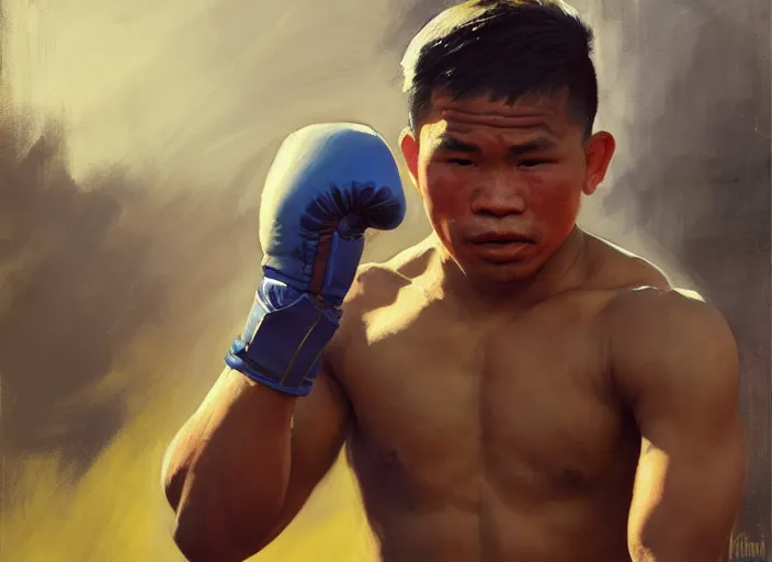 Image similar to greg manchess portrait of a filipino boxer in a victorious pose in an arena, organic painting, sunny day, matte painting, bold shapes, hard edges, street art, trending on artstation, by huang guangjian, gil elvgren, ruan jia, randy vargas, greg rutkowski