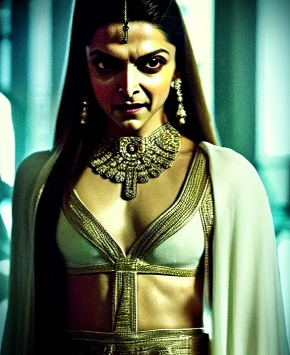 Image similar to cross-processed film still of beautiful Deepika Padukone dressed as an ancient Greek goddess looking at the camera with beautiful eyes. complex detailed film still at 16K resolution and amazingly epic visuals. epically luminous image. amazing lighting effect, image looks gorgeously crisp as far as it's visual fidelity goes, absolutely outstanding image. perfect film clarity. amazing film quality. iridescent image lighting. Criterion collection. gloriously cold atmosphere. mega-beautiful pencil image shadowing. beautiful face. 16k upscaled image. soft image shading. soft image texture. intensely beautiful image. large format picture.