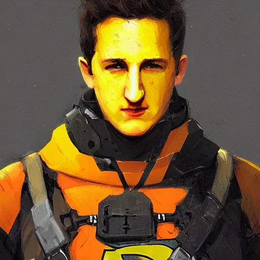 Image similar to portrait of a superhero by greg rutkowski, he looks like miles teller, he is wearing a black, orange and yellow kevlar gear, highly detailed portrait, digital painting, artstation, concept art, smooth, sharp foccus ilustration, artstation hq