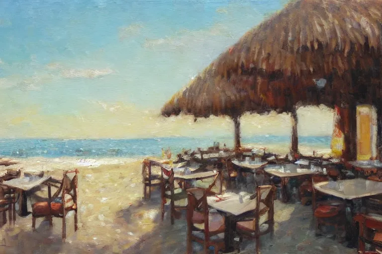 Image similar to italian restaurant on the beach, dappled light, scott christensen