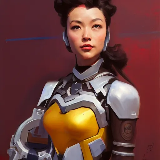 Image similar to greg manchess portrait painting of a female ironman as overwatch character, medium shot, asymmetrical, profile picture, organic painting, sunny day, matte painting, bold shapes, hard edges, street art, trending on artstation, by huang guangjian, gil elvgren, ruan jia, greg rutkowski, gaston bussiere