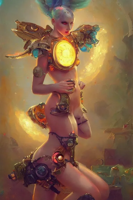 Prompt: pop surrealism, lowbrow cyberpunk girl, body golden armor, by vladimir volegov and alexander averin and delphin enjolras and daniel f. gerhartz