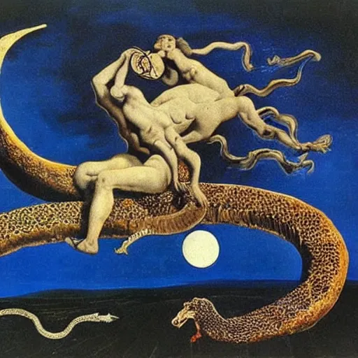 Image similar to The moon being eaten by a serpent, by Salvador Dali