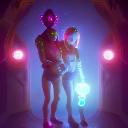 Image similar to cosmic twins, huggy wuggy from poppy playtime video game, fullbody, ultra high detailed, glowing lights, oil painting, greg rutkowski, charlie bowater, beeple, unreal 5, daz, hyperrealistic, octane render, rpg portrait, dynamic lighting, fantasy art, beautiful face