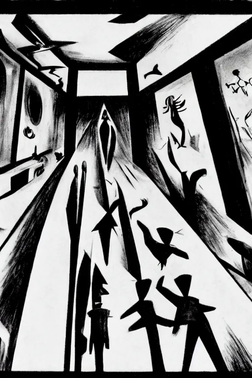 Prompt: scene from The Cabinet of Dr. Caligari, hd, 4k, remaster, dynamic camera angle, deep 3 point perspective, fish eye, dynamic scene