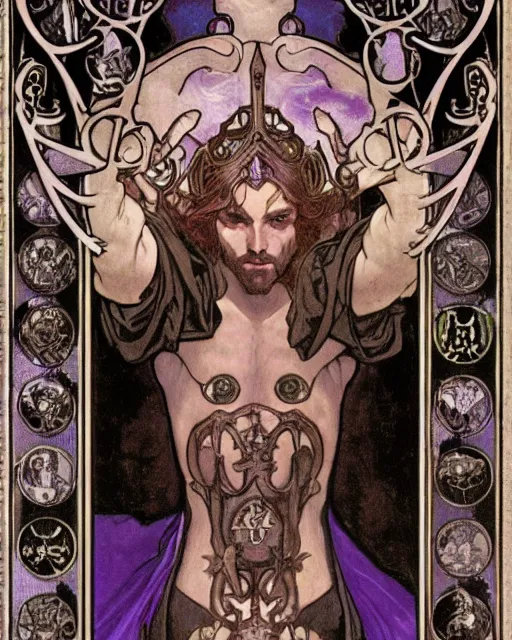 Image similar to tarot card, head and chest only, the devil, demon male, black and purple robes, beautiful, medieval, super detailed, ornate, by alphonse mucha, stjepan sejic, greg rutkowski, symmetry, 8 k, sharp focus