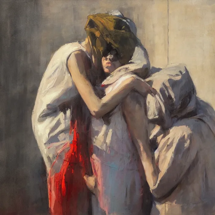Image similar to two women hugging with a paper bag over the head dressed in plastic bags by jeremy mann and edward hopper
