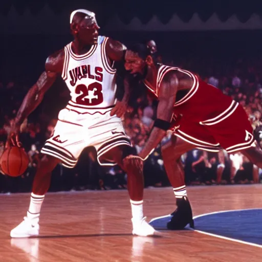 Prompt: film still of Micheal Jordan playing against Lebron James on a basketball court, 8k